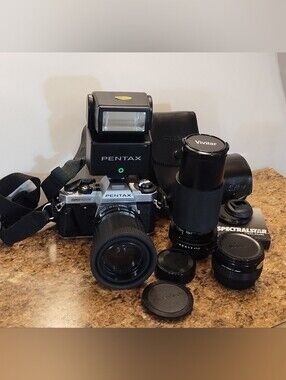 Pentax Super Program 35mm SLR Camera Bundle Vivitar Lens Flash w/ Case Lot
